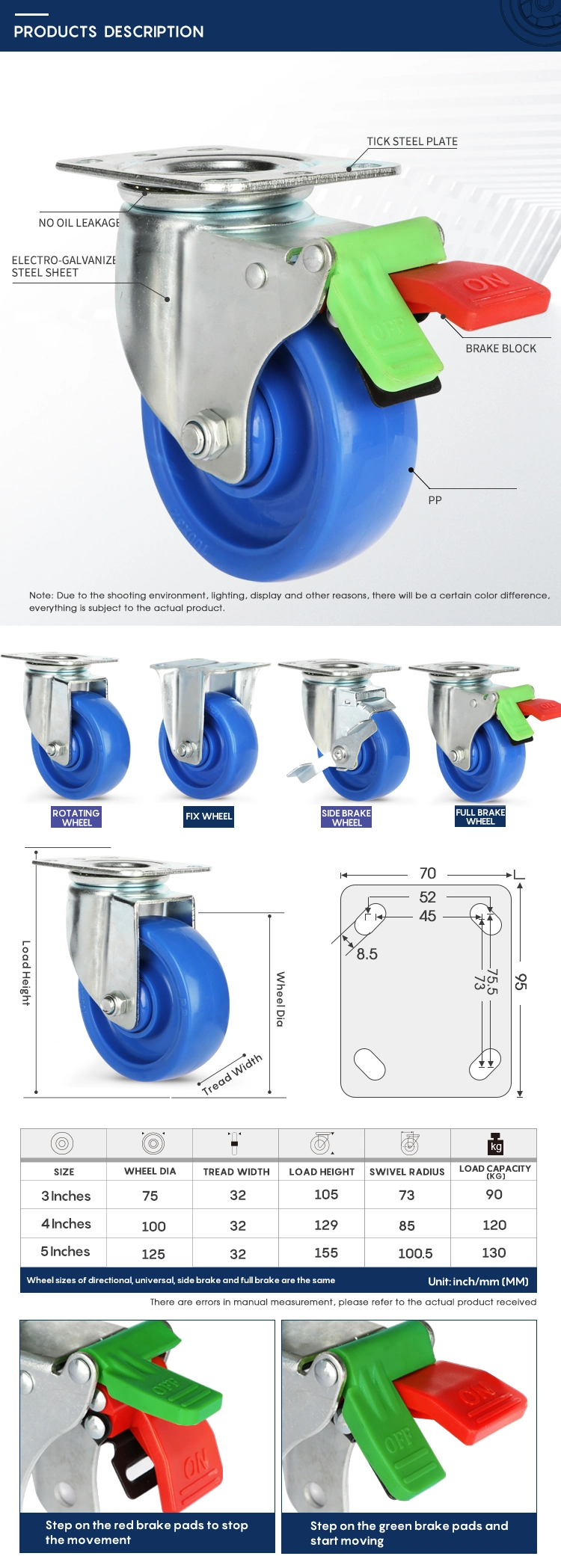 European Industrial Brake Top Plate Caster with PP Wheel