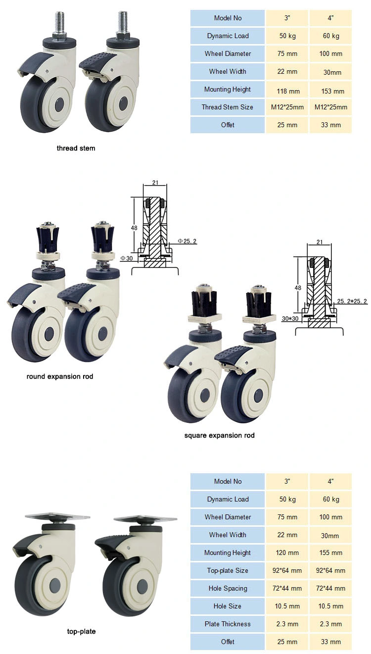 Jq Caster 3inch 4inch Expansion Rod All Plastic Bracket Swivel Medical Trolley Caster