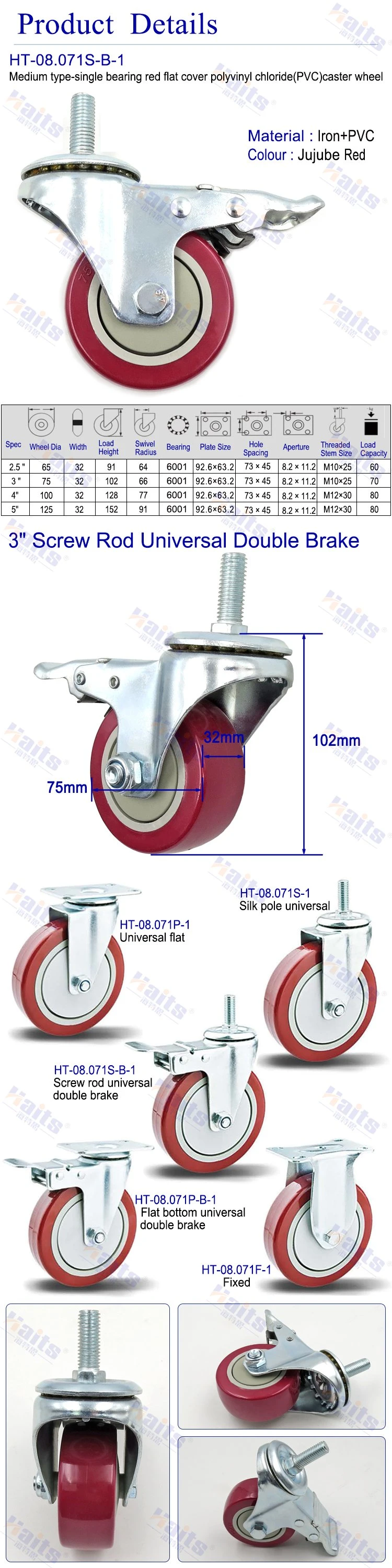 Furniture Hardware Factory Usage Threaded Caster with Double Brake