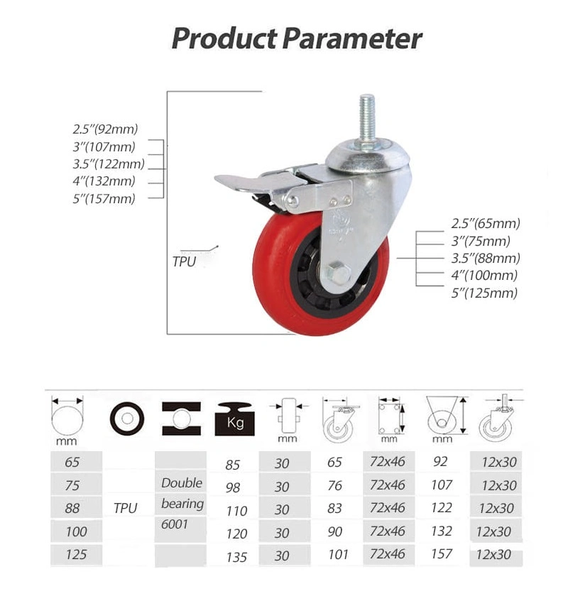 3 Inch Medium Duty Red Polyurethane Brake Caster Industrial Casters